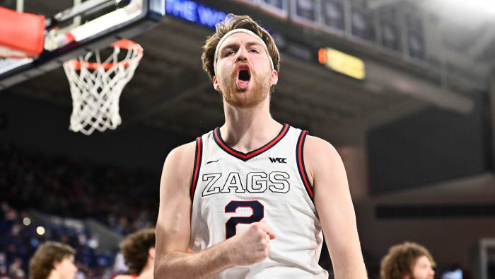 Gonzaga’s Drew Timme celebrates a basket